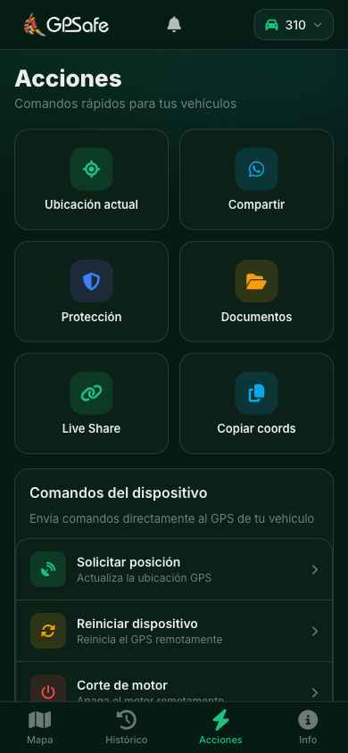 App GPSafe · Acciones